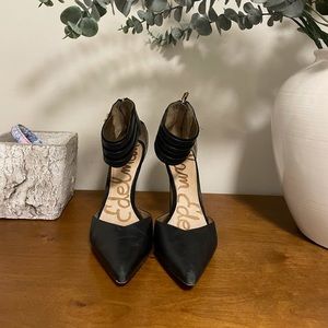 Leather pointed stilettos with gold hardware strap